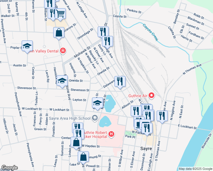 map of restaurants, bars, coffee shops, grocery stores, and more near 199 Delaware Street in Sayre