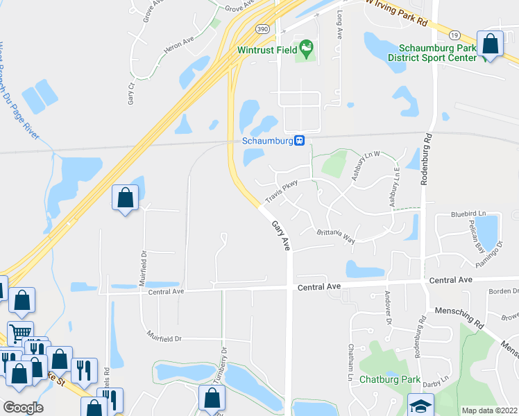 map of restaurants, bars, coffee shops, grocery stores, and more near S Gary Ave & Travis Pkwy in Roselle