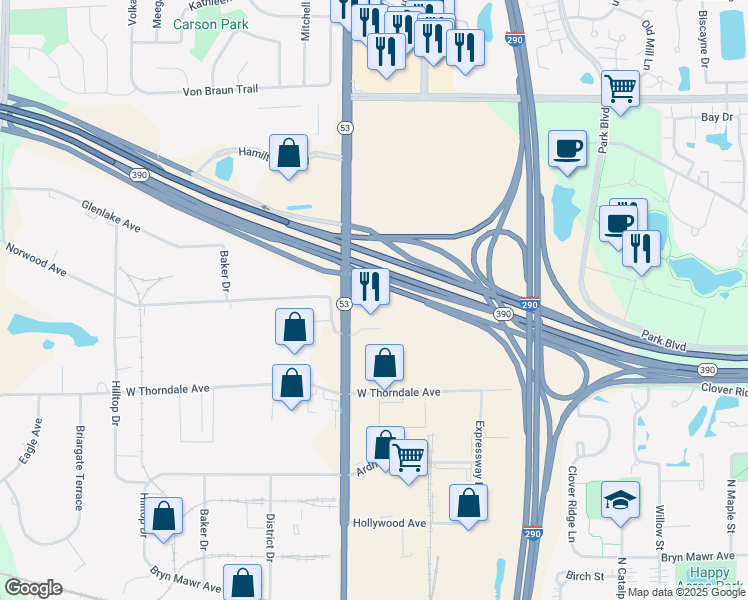 map of restaurants, bars, coffee shops, grocery stores, and more near 1181 North Rohlwing Road in Itasca