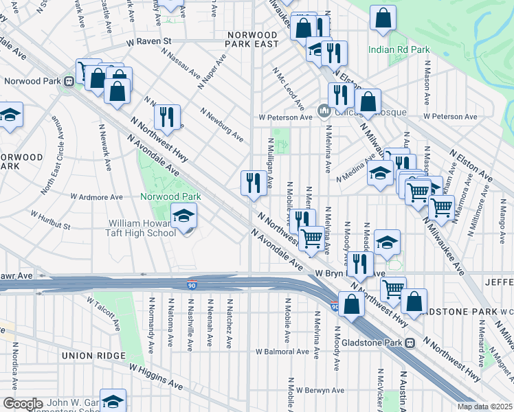 map of restaurants, bars, coffee shops, grocery stores, and more near in Chicago