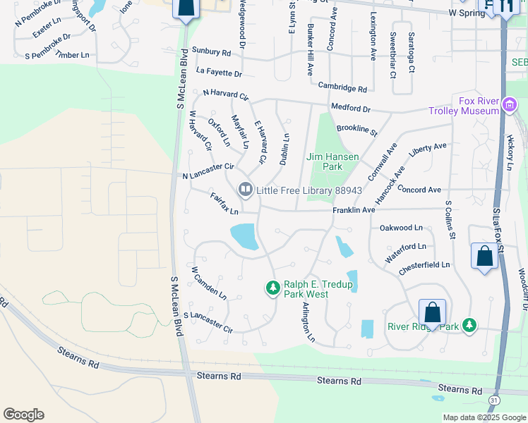 map of restaurants, bars, coffee shops, grocery stores, and more near 1027 Franklin Avenue in South Elgin