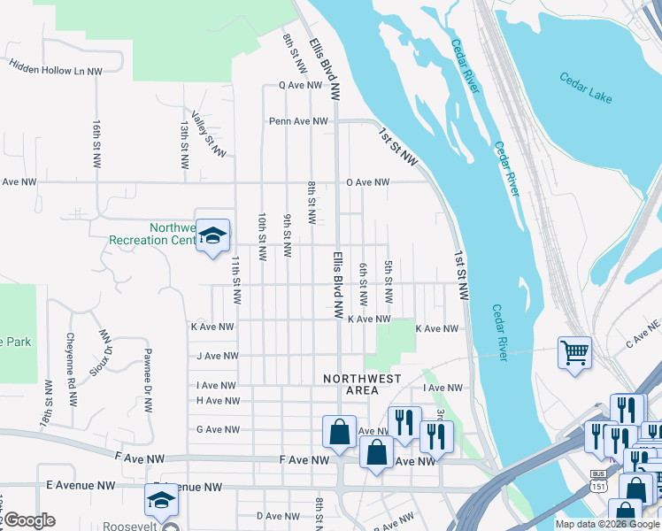 map of restaurants, bars, coffee shops, grocery stores, and more near 1339 8th Street Northwest in Cedar Rapids