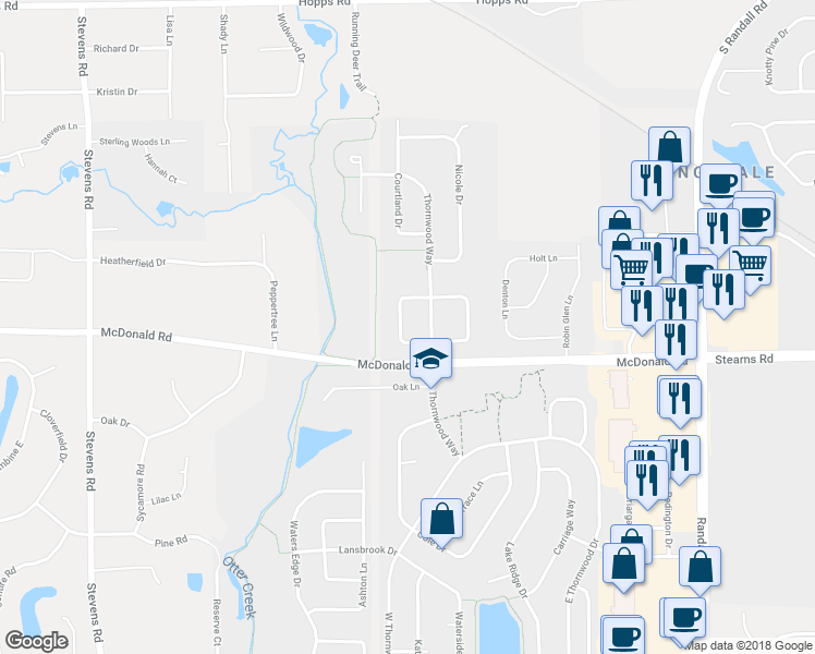 map of restaurants, bars, coffee shops, grocery stores, and more near 6 West Ellington Court in South Elgin