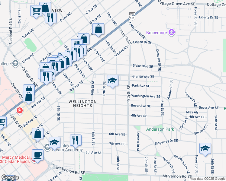 map of restaurants, bars, coffee shops, grocery stores, and more near 355 18th Street Southeast in Cedar Rapids