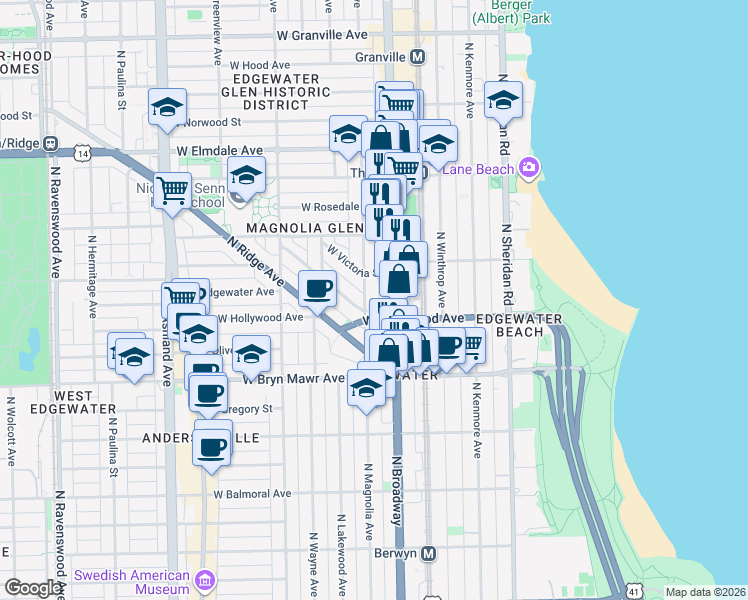 map of restaurants, bars, coffee shops, grocery stores, and more near 5724 North Magnolia Avenue in Chicago