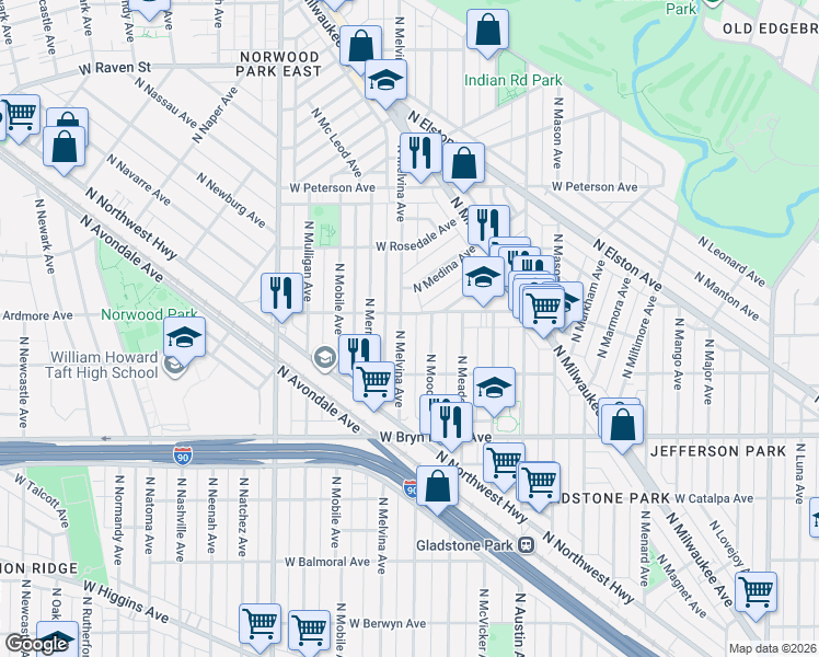 map of restaurants, bars, coffee shops, grocery stores, and more near 5756 North Melvina Avenue in Chicago