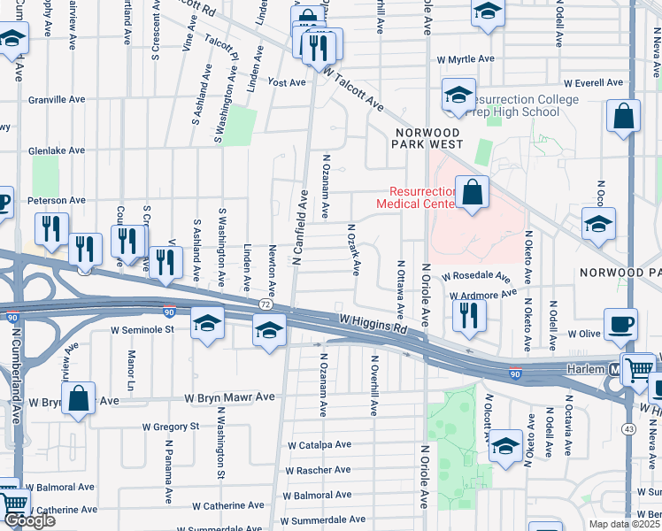 map of restaurants, bars, coffee shops, grocery stores, and more near 7801 West Thorndale Avenue in Chicago