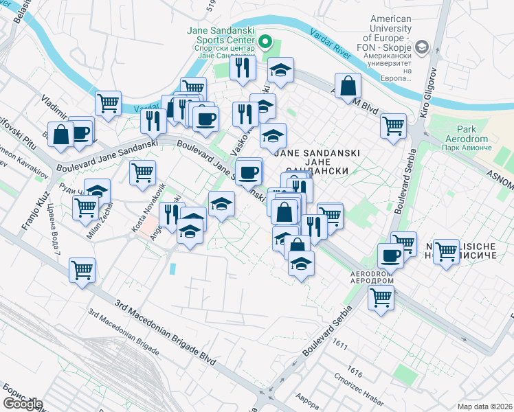 map of restaurants, bars, coffee shops, grocery stores, and more near Jane Sandanski in Skopje
