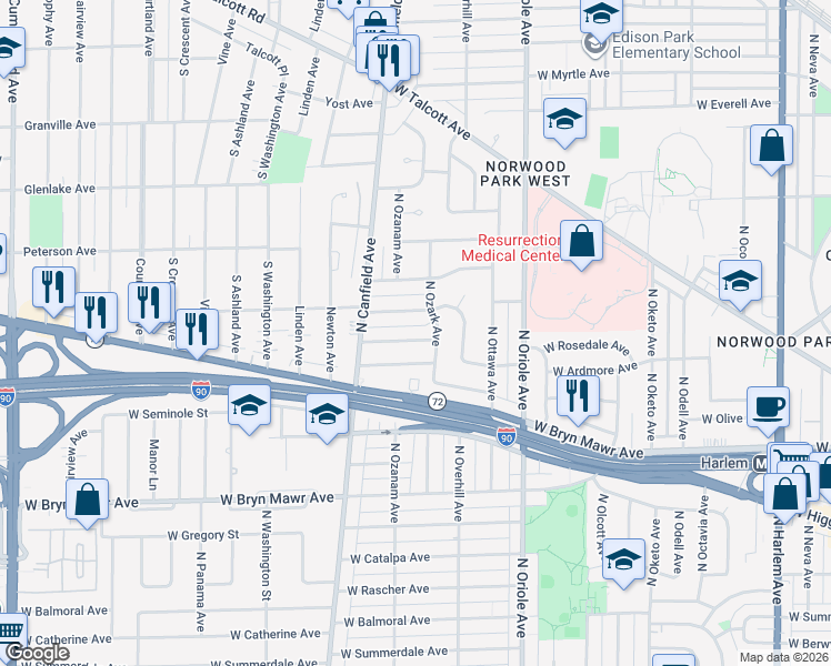 map of restaurants, bars, coffee shops, grocery stores, and more near 5820 North Ozark Avenue in Chicago