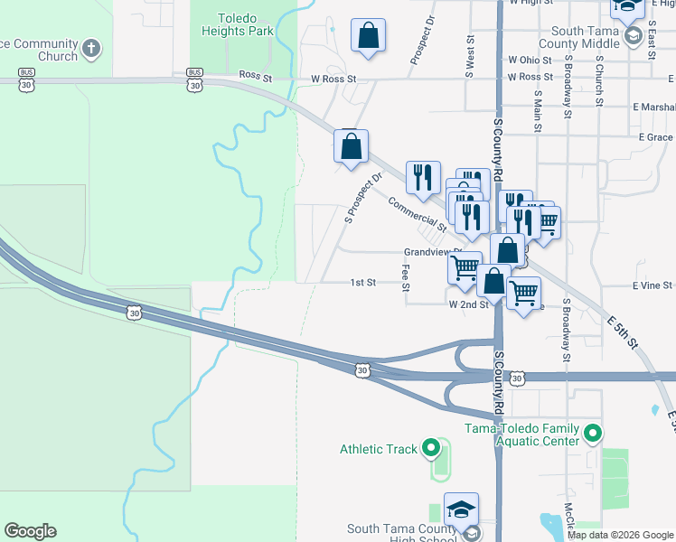 map of restaurants, bars, coffee shops, grocery stores, and more near 411 Grandview Drive in Toledo