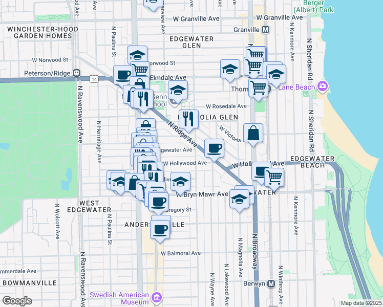 map of restaurants, bars, coffee shops, grocery stores, and more near 1422 West Edgewater Avenue in Chicago