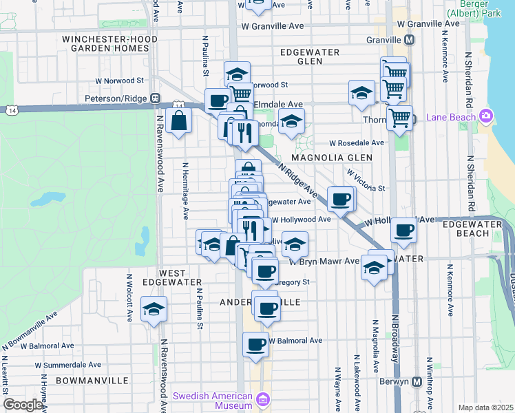 map of restaurants, bars, coffee shops, grocery stores, and more near 1540 West Edgewater Avenue in Chicago