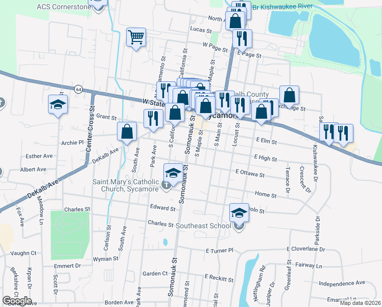 map of restaurants, bars, coffee shops, grocery stores, and more near 303 Somonauk Street in Sycamore