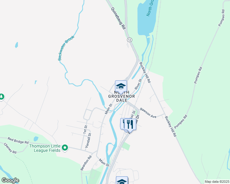 map of restaurants, bars, coffee shops, grocery stores, and more near 942 Riverside Drive in Thompson