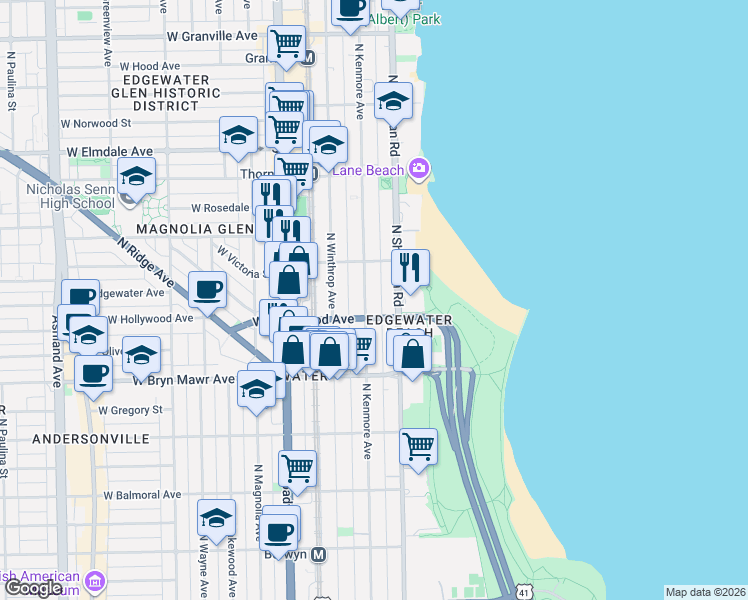 map of restaurants, bars, coffee shops, grocery stores, and more near 5732 North Kenmore Avenue in Chicago