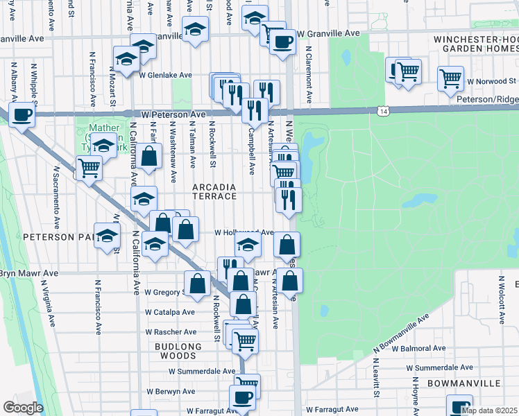 map of restaurants, bars, coffee shops, grocery stores, and more near 5751 North Campbell Avenue in Chicago