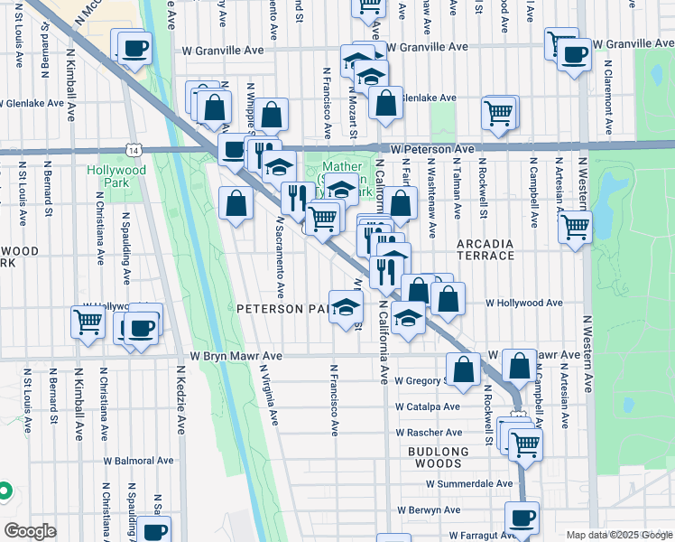 map of restaurants, bars, coffee shops, grocery stores, and more near 5750 North Francisco Avenue in Chicago