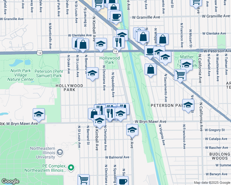 map of restaurants, bars, coffee shops, grocery stores, and more near 3251 West Ardmore Avenue in Chicago