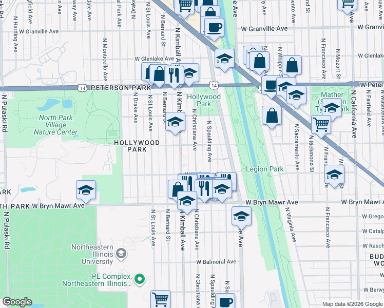 map of restaurants, bars, coffee shops, grocery stores, and more near 3325 West Ardmore Avenue in Chicago