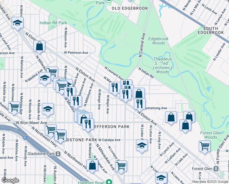 map of restaurants, bars, coffee shops, grocery stores, and more near 5732 North Manton Avenue in Chicago