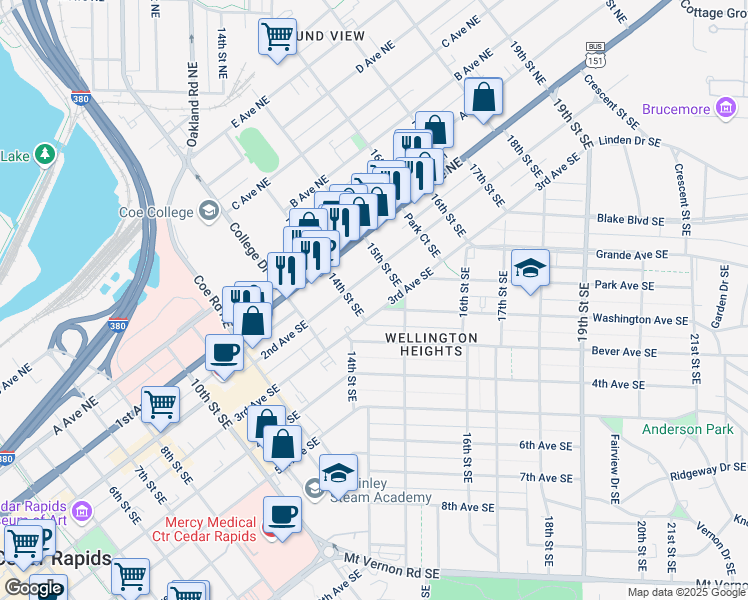 map of restaurants, bars, coffee shops, grocery stores, and more near 1432 3rd Ave SE in Cedar Rapids