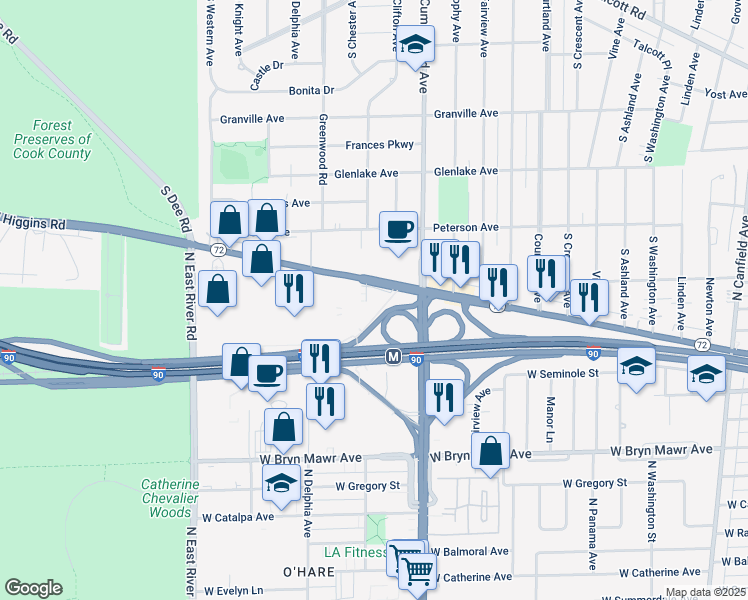 map of restaurants, bars, coffee shops, grocery stores, and more near 8501 West Higgins Road in Chicago