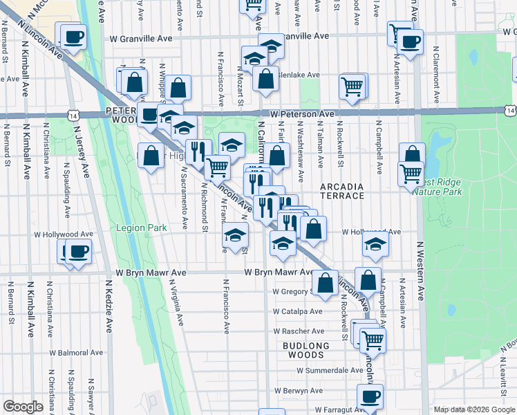 map of restaurants, bars, coffee shops, grocery stores, and more near 5755 North California Avenue in Chicago