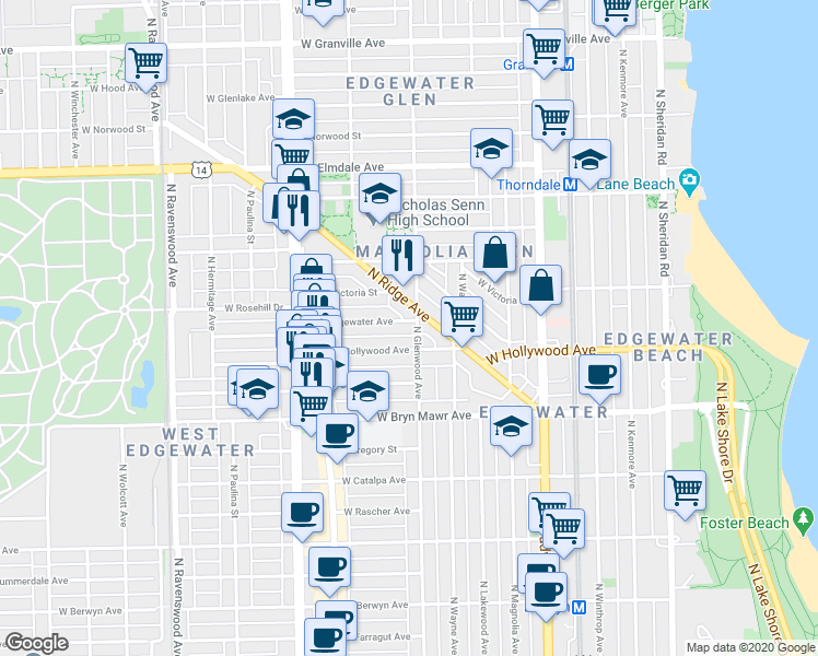 map of restaurants, bars, coffee shops, grocery stores, and more near 1407 West Edgewater Avenue in Chicago