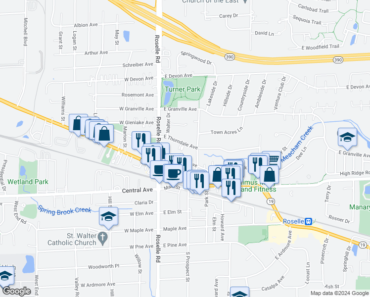 map of restaurants, bars, coffee shops, grocery stores, and more near 45 East Thorndale Avenue in Roselle