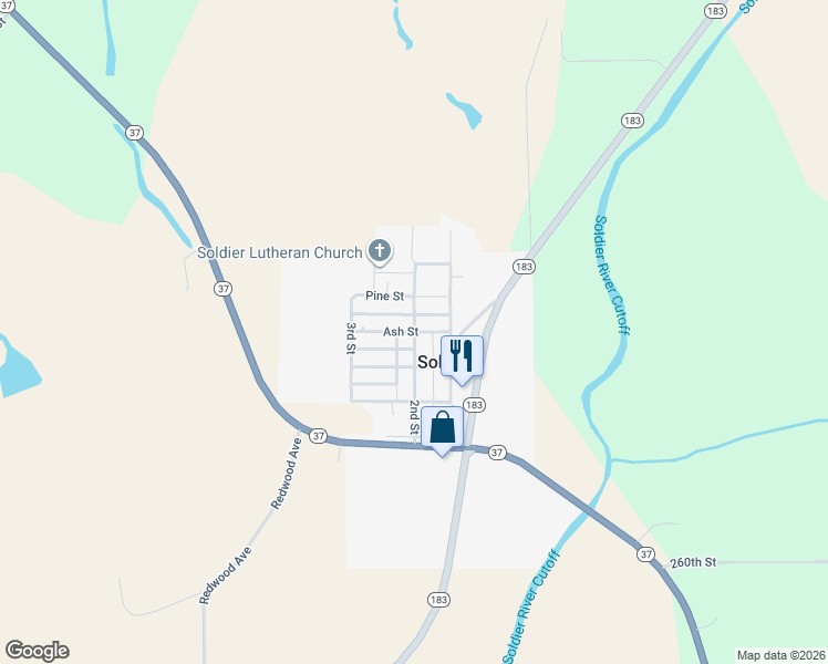 map of restaurants, bars, coffee shops, grocery stores, and more near 401 2nd Street in Soldier