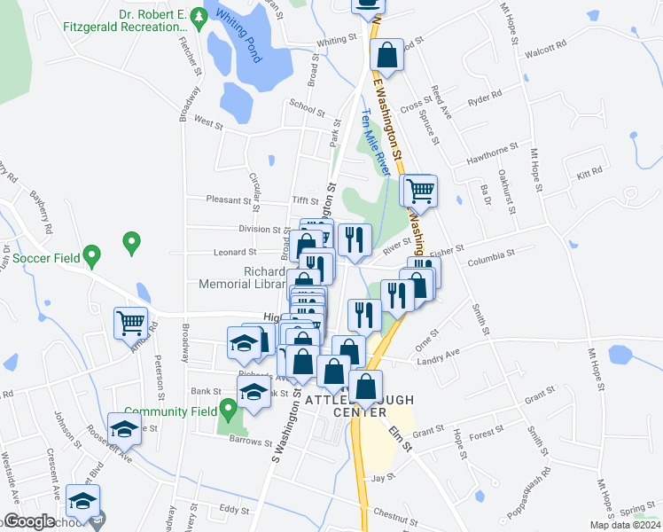 map of restaurants, bars, coffee shops, grocery stores, and more near 15 Fisher Street in North Attleborough