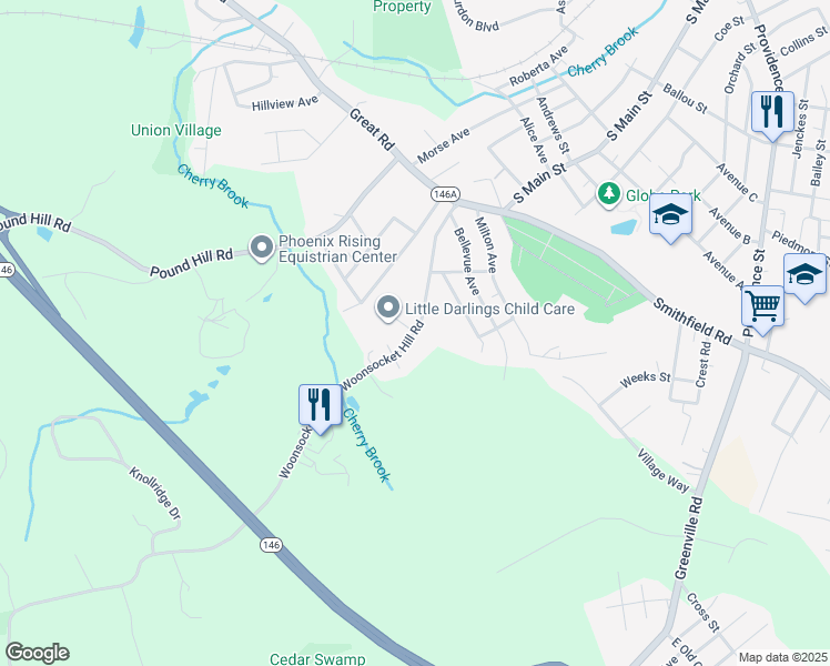 map of restaurants, bars, coffee shops, grocery stores, and more near 146 Woonsocket Hill Road in North Smithfield