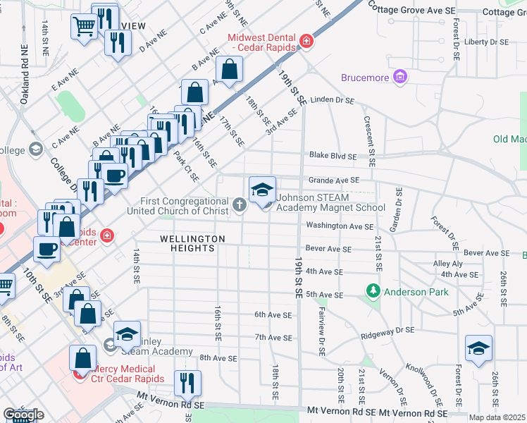 map of restaurants, bars, coffee shops, grocery stores, and more near 355 18th Street Southeast in Cedar Rapids