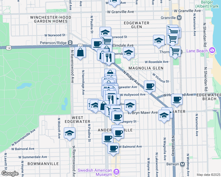 map of restaurants, bars, coffee shops, grocery stores, and more near 1540 West Edgewater Avenue in Chicago