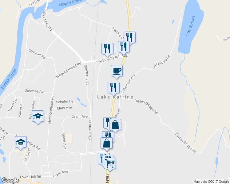 map of restaurants, bars, coffee shops, grocery stores, and more near Ulster Avenue in Lake Katrine