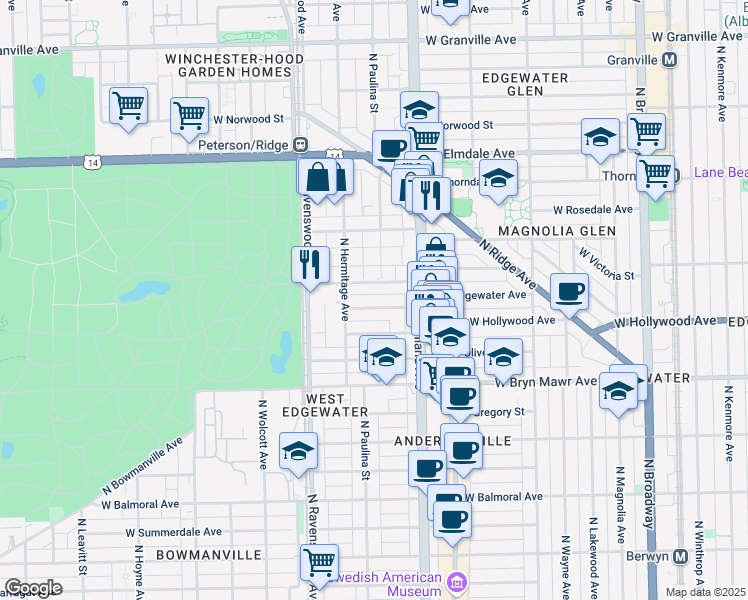 map of restaurants, bars, coffee shops, grocery stores, and more near 1709 West Rosehill Drive in Chicago