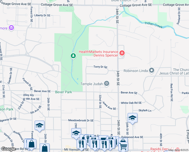 map of restaurants, bars, coffee shops, grocery stores, and more near 3024 Ridgemore Drive Southeast in Cedar Rapids