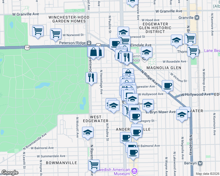 map of restaurants, bars, coffee shops, grocery stores, and more near 1648 West Edgewater Avenue in Chicago