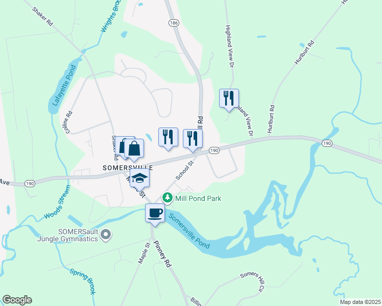 map of restaurants, bars, coffee shops, grocery stores, and more near 163 Main Street in Somers