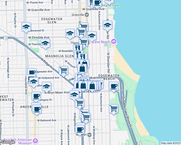 map of restaurants, bars, coffee shops, grocery stores, and more near 5730 North Winthrop Avenue in Chicago