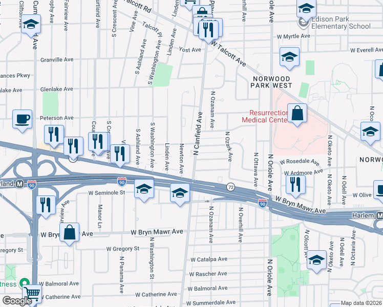 map of restaurants, bars, coffee shops, grocery stores, and more near 1924 Canfield Road in Park Ridge