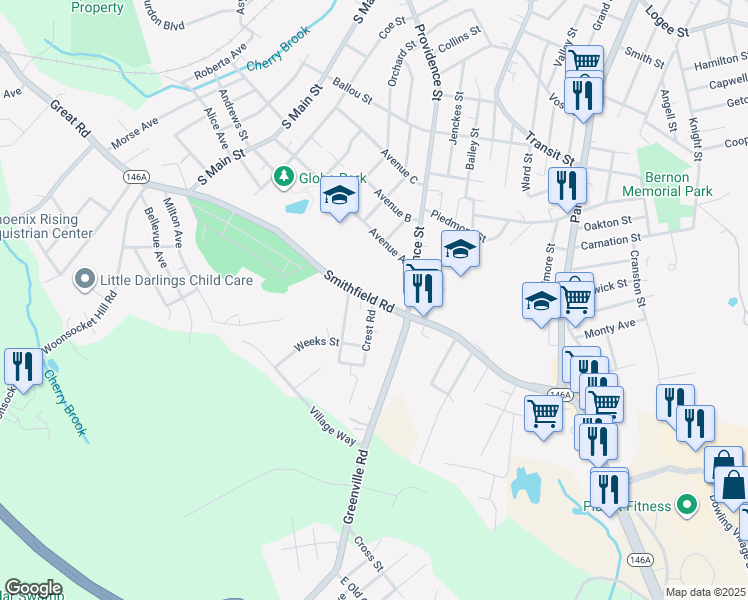 map of restaurants, bars, coffee shops, grocery stores, and more near Smithfield Road in Smithfield