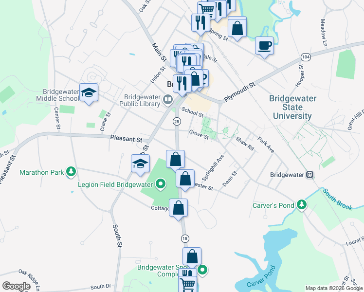 map of restaurants, bars, coffee shops, grocery stores, and more near in Bridgewater