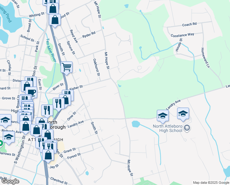 map of restaurants, bars, coffee shops, grocery stores, and more near 101 Columbia Street in North Attleborough