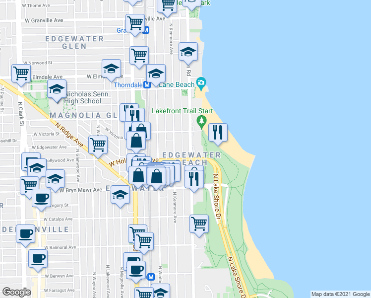 map of restaurants, bars, coffee shops, grocery stores, and more near 5740 North Sheridan Road in Chicago