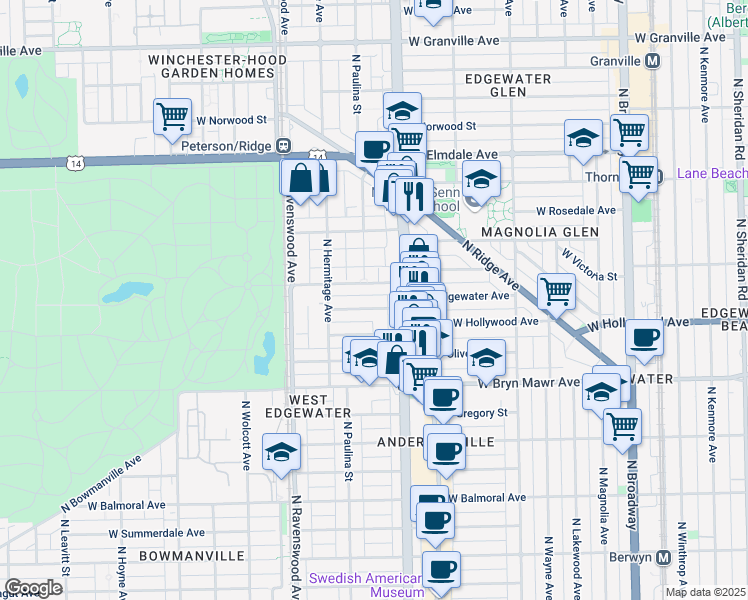 map of restaurants, bars, coffee shops, grocery stores, and more near 1621 West Edgewater Avenue in Chicago