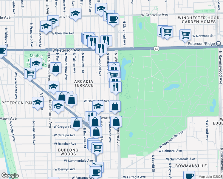 map of restaurants, bars, coffee shops, grocery stores, and more near 2405 West Ardmore Avenue in Chicago