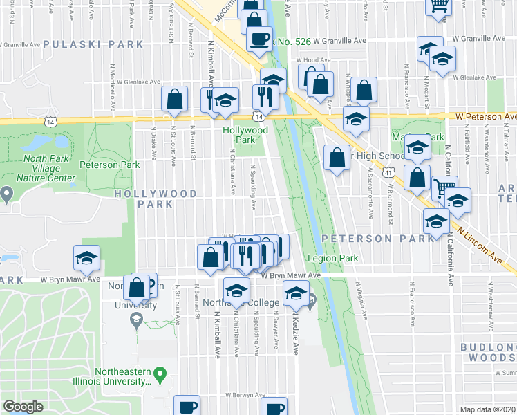 map of restaurants, bars, coffee shops, grocery stores, and more near 3251 West Ardmore Avenue in Chicago