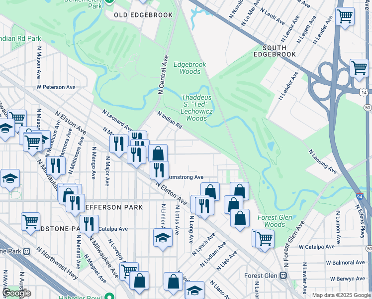 map of restaurants, bars, coffee shops, grocery stores, and more near 5403 West Rosedale Avenue in Chicago