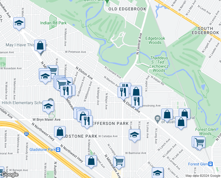 map of restaurants, bars, coffee shops, grocery stores, and more near 5732 North Manton Avenue in Chicago